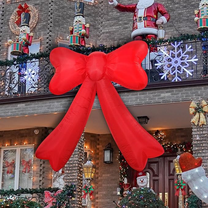 Christmas Inflatables Giant Red Bow Lighted Balcony Terrace Porch Yard Lawn Inflatable Decoration with Built-in Fan and Ropes Holiday Party Decor, Christmas Decor (7FT-Red Bow)