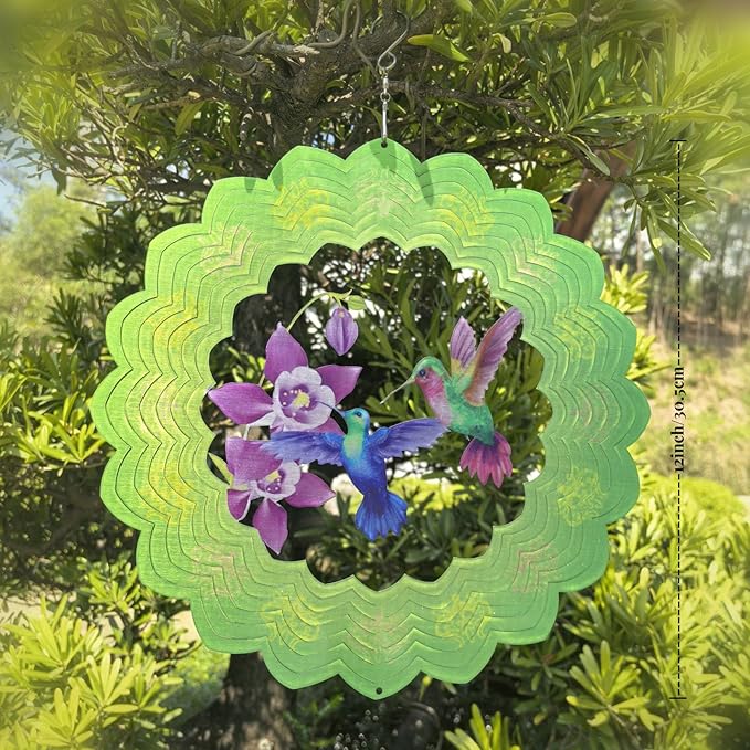 Hummingbird Wind Spinner Outdoor Mental Kinetic Wind Spinner for Garden Décor Hummingbird Gifts for Women/Men Hanging Lawn Ornaments Wind Sculpture with 3D Visual Effect (12''-1pc, Hummingbirds)