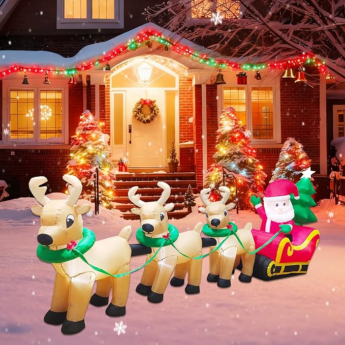 14FT Christmas Inflatables Santa Claus on Sleigh Outdoor Decorations, Santa Claus on Sleigh with 3 Reindeer, LED Lighted Outdoor Yard Decoration for Xmas Party Decor Yard Garden Lawn