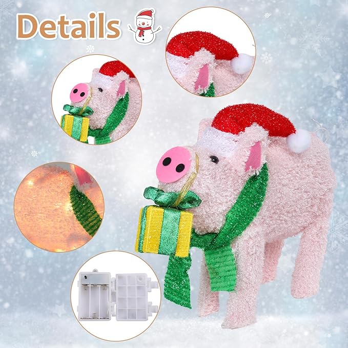 Christmas Lighted Pig Decoration 3D Glittered Fluffy Piggy with Gift Box Battery Operated Lighted Up Ornament Outdoor Indoor Christmas Decoration for Home Lawn Yard Garden Display