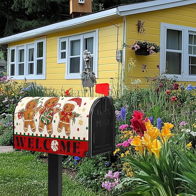 Gingerbread Man Mailbox Covers Merry Christmas Mailbox Wraps Magnetic Standard Size 21x18 inch Welcome Mail Box Cover Outdoor Decor for Garden