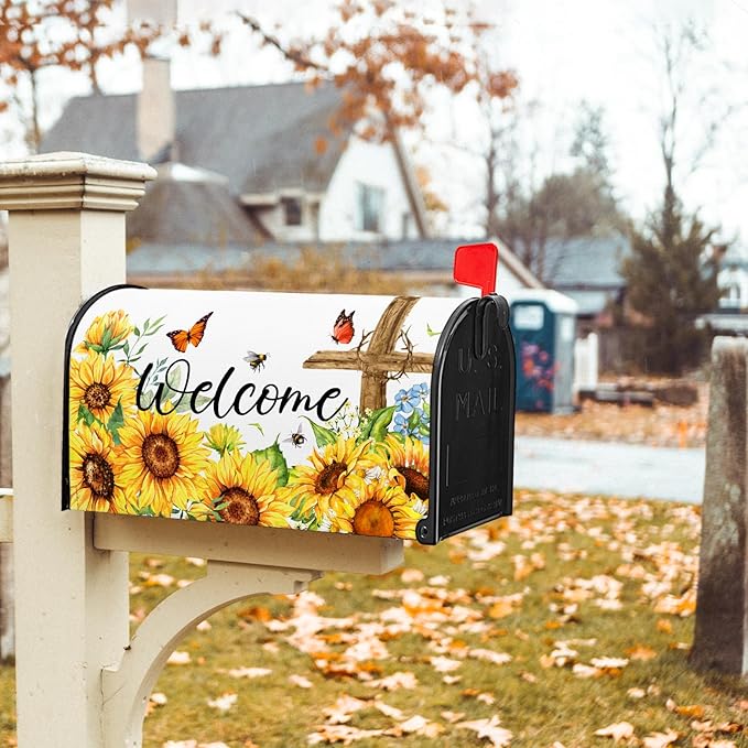 Summer Welcome Sunflower Mailbox Cover Magnetic Standard Size 25.5" X 21" Flower Wraps for Post Letter Box Decor Outside Garden Yard Home Outdoor Decoration