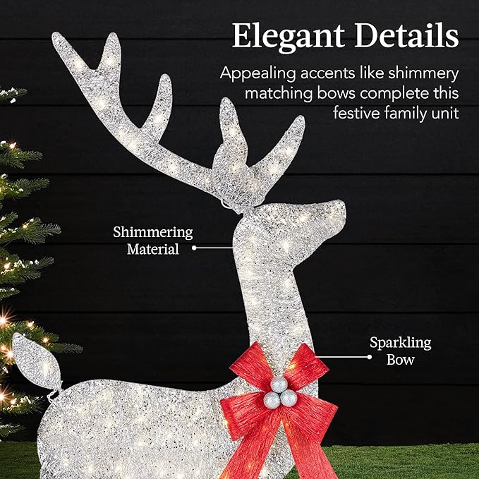 Best Choice Products 4ft 3-Piece 2D Lighted Christmas Deer Family Set, Large Outdoor Yard Reindeer Holiday Decoration with 175 LED Lights, Stakes, Zip Ties - Silver