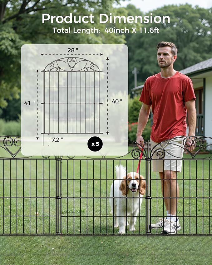 5 Panels No Dig Decorative Outdoor Garden Fence with Gate, 40 in(H) X 11.8 ft(L) Animal Barrier Fencing, Rustproof Portable Fence, Temporary Dog Fence Outdoor for Yard, Outside, Backyard
