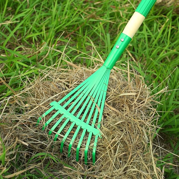 Kids Rakes with Hardwood Handle - Metal Kids Leaves Rakes, 28" Child Size Lawn Rakes with Vibrant Green Heads, Garden Tool Set for Kids Boys and Girls
