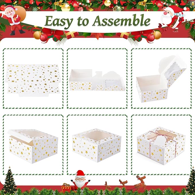 32Pcs 6x6x3 in Christmas Cookie Boxes with Window, White Bakery Boxes for Cookie, Treat Boxes Pastry Boxes for Gift Giving, Chocolate Covered Strawberries, Dessert, Donut, Cupcakes Muffins