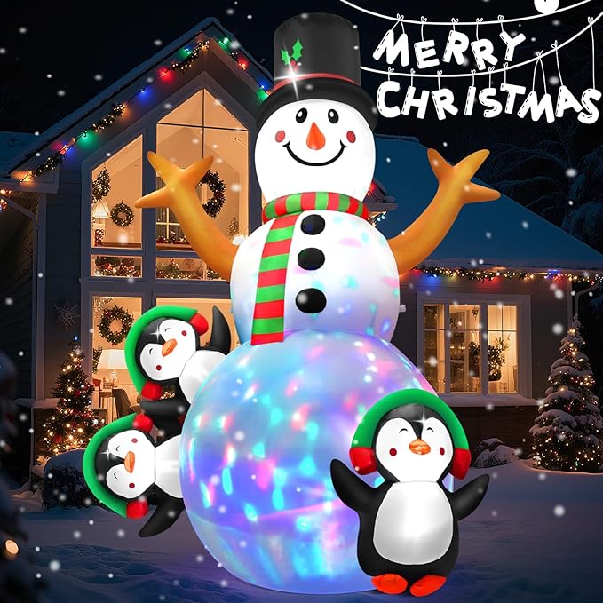 6.3 FT Christmas Inflatable Snowman Outdoor Decoration with Build-in Multicolor LEDs, Snowman with 3 Penguins Blow Up Inflatables Christmas for Yard Garden Lawn Xmas Holiday Decor