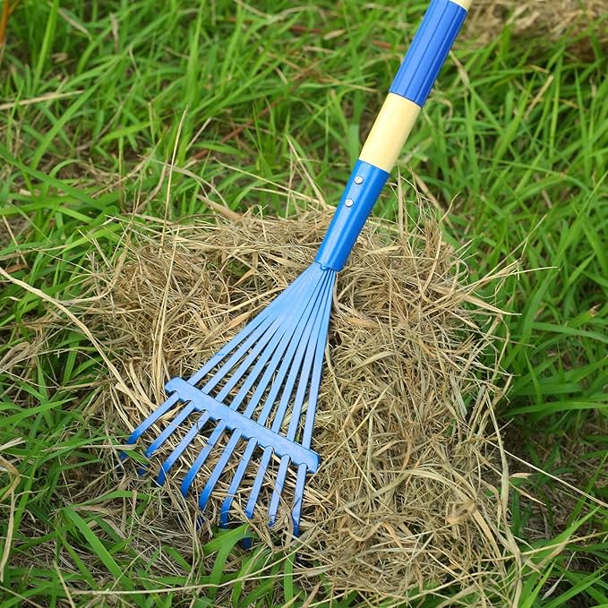 Kids Rakes with Hardwood Handle - Metal Kids Leaves Rakes, 28" Child Size Lawn Rakes with Vibrant Blue Heads, Garden Tool Set for Kids Boys and Girls