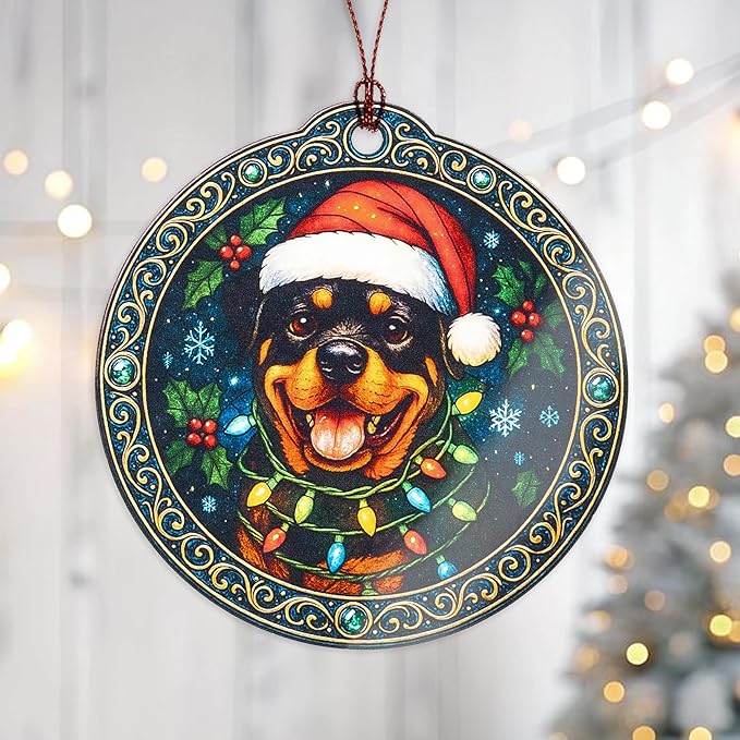 Rottweiler Christmas Ornament – Holiday Dog Decor | Santa Hat Puppy Gifts – Festive Pet Lover Ornament – Merry Christmas Tree Decoration – White elephant gifts - Xmas Tree Funny Decoration