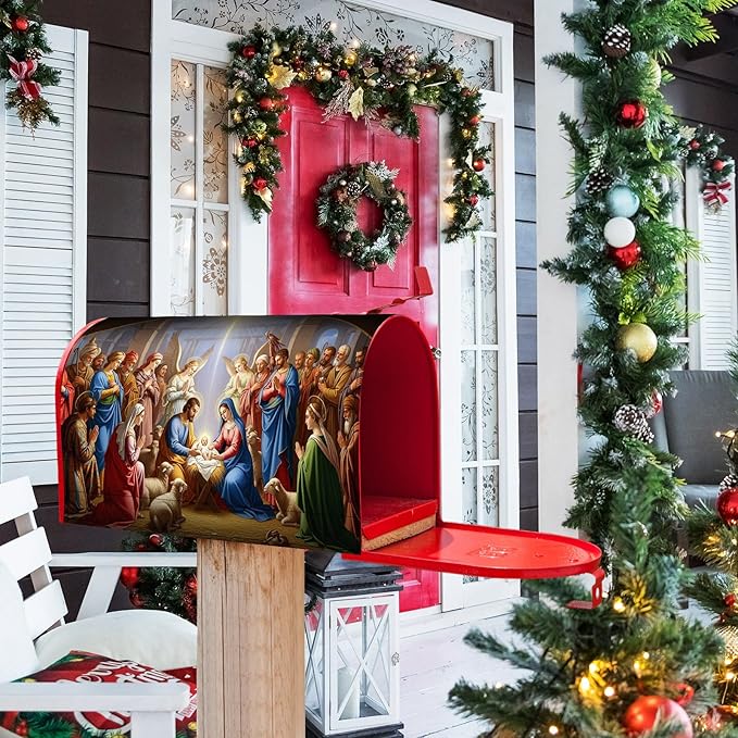Blosssound Merry Christmas Magnetic Mailbox Cover Xmas Nativity Scene Mailbox Covers Decor Religious Vintage Christmas Post Box Standard Size 21 X18 Inch Garden Yard Outdoor Decoration