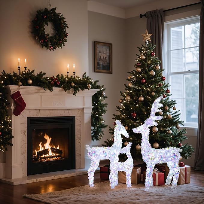 LuxenHome 3PCs Reindeer Christmas Decoration, Laser Tinsel & Holographic Reindeer Family with 340 LED Lights Front Porch Christmas Decorations Outdoor & Indoor Use, Lawn, Porch, Holiday Yard Display