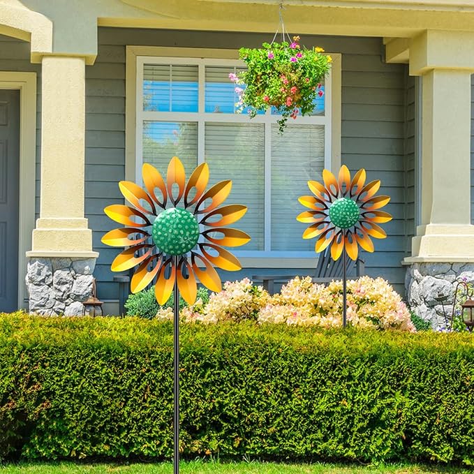 Sunflower Wind Spinners Outdoor, MeyRolizn Metal Pinwheel Wind Sculpture with Stake, Small Windmill for Garden Lawn Yard Patio Outside Art Decor(1pcs-Yellow)