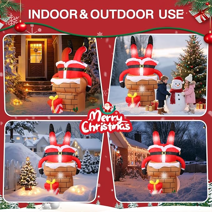 6FT Christmas Inflatables Decorations Outdoor,Blow Up Santa Claus Stuck in The Chimney with Built-in LEDs Lights for Indoor Holiday Party Yard Garden Lawn Décor