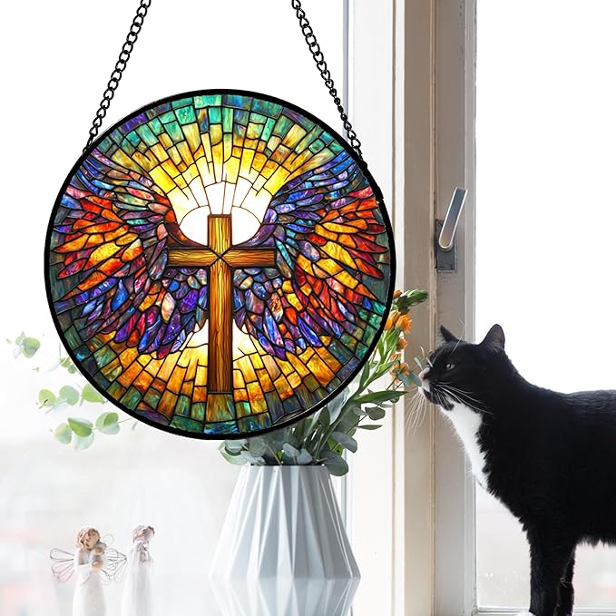 Stained Glass Window Hanging - Jesus Cross Wings Suncatcher Ready to Hang Window Doors Home Decoration and Christmas, Mother's Day Birthday Gifts for Women, Men, and Mom 14.9x14.9 in