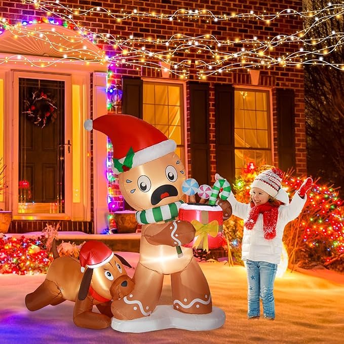 5FT Christmas Inflatable Gingerbread Man & Dog Outdoor Decoration, Christmas Funny Blow Up Yard Decoration, Built-in LED Lights Inflatables Xmas Holiday Décor for Indoor Lawn Garden