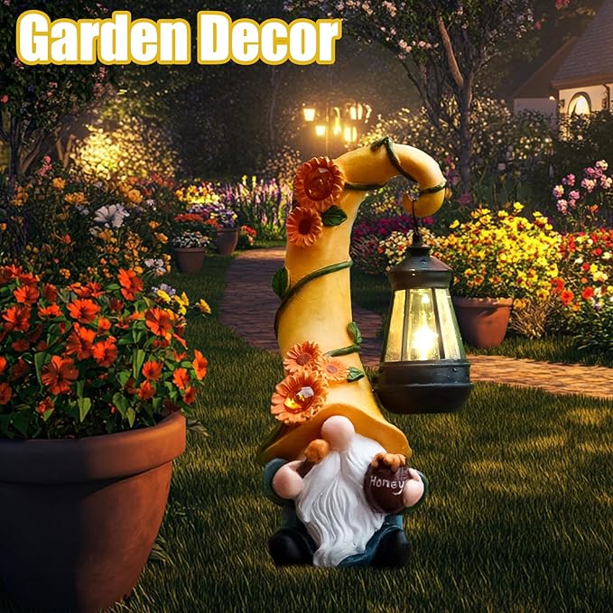 Birthday Gifts for Mom Grandma Woman 12" Solar Sunflower Gnome Garden Statues Honey Bee Jar Decor with LED Lantern Outdoor Gnomes Decorations Patio Yard Balcony Art