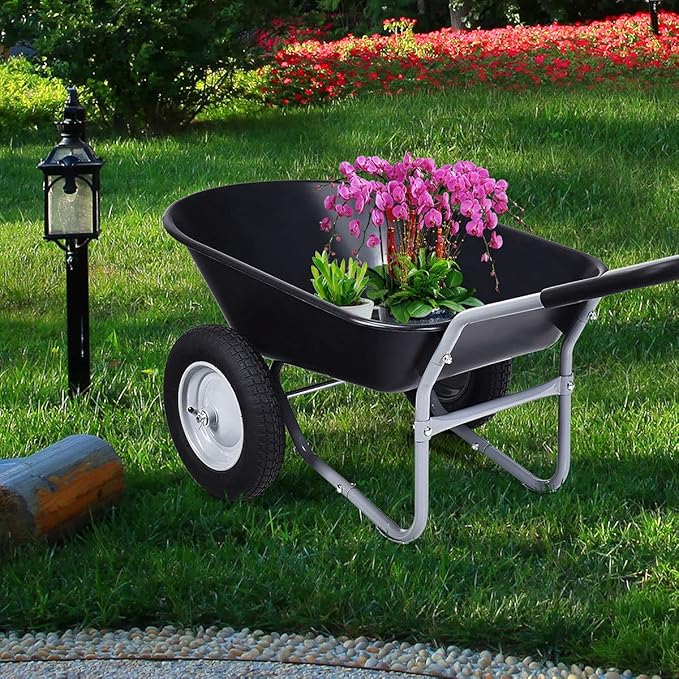IRONMAX Garden Dual-Wheel Wheelbarrow, Heavy Duty Utility Yard Cart w/ 2x14’’ All-Terrain Wheels & Built-in Stand, Wheel Barrow for Lawn, Yard, Farm, Gardening & Planting (Black)