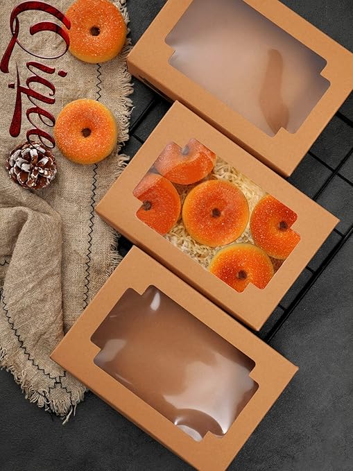 qiqee 36Packs Auto-pop up Kraft Cookie Boxes for Gift Giving 8x5.3x2 inch Brown Treat Box with Window One Second Folding Bakery Box for Donuts Candies and Biscuit
