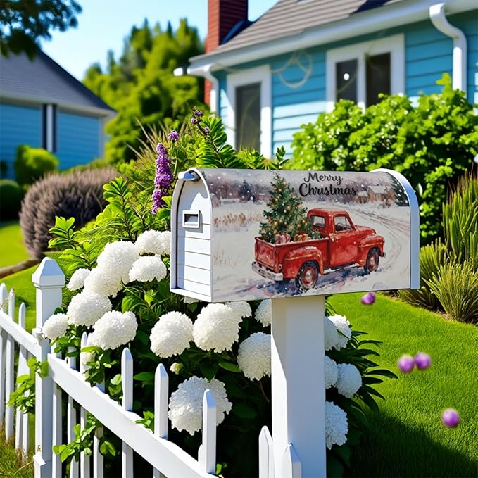Merry Christmas Mailbox Covers Magnetic Standard Size Red Truck Xmas Tree Rustic Snow Scene Holiday Outdoor Decorative Farmhouse Letter Box Cases for Home Garden Outside Decor, 21x18 Inch