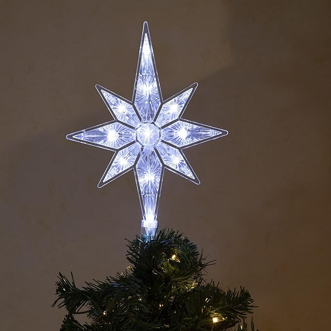 Alpine Corporation 13" H Snowflake 8-Point Tree Toppers with 31 Cool White LED Lights, Christmas Decoration