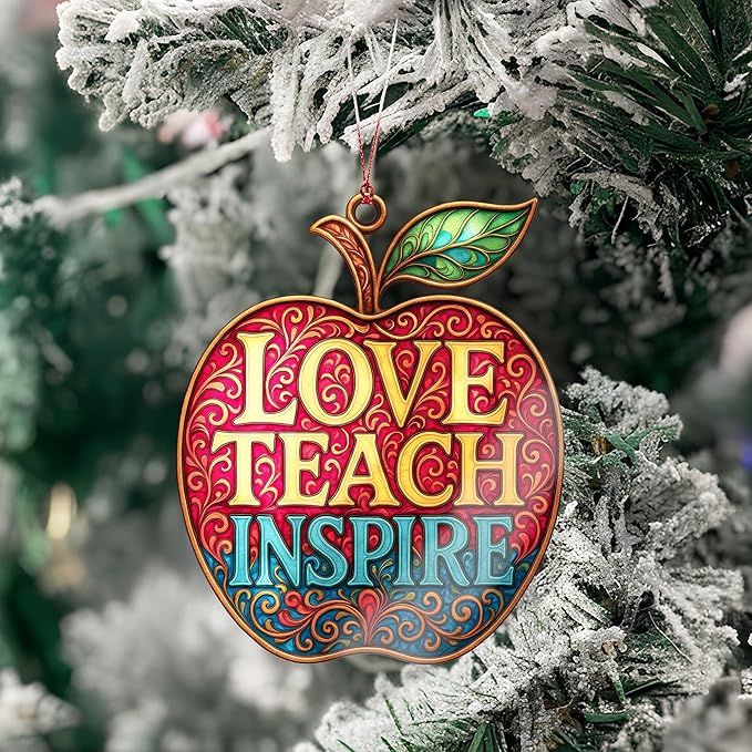Teacher Appreciation Ornament – Love Teach Inspire Apple – Style Teacher Gift for Christmas, End of Year, or Thank You