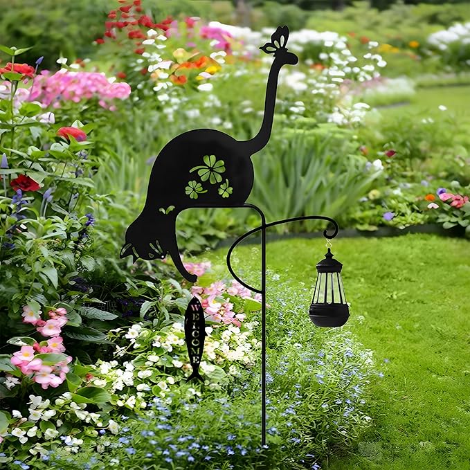 Solar-Powered Black Cat&Fish Garden Decor Stakes - Metal Silhouette Figurine for Outdoor Yard, Lawn, and Patio Decoration(Cat&Fish)
