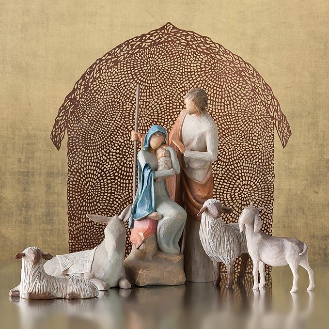 Willow Tree Sheltering Animals for The Holy Family, Giving Watch, Warmth, Protection, Gray-White Standing Goat, Gray Donkey, 2 White Sheep, Sculpted Hand-Painted Nativity Scene Figures, 4-Piece Set