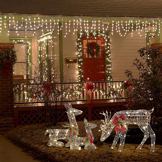LuxenHome 3PCs Reindeer Christmas Decoration, Lighted Rattan Reindeer Family with 110 LED Lights & Red Bows, Indoor & Outdoor Lighted Christmas Decorations Outdoor for Lawn, Porch, Yard Display