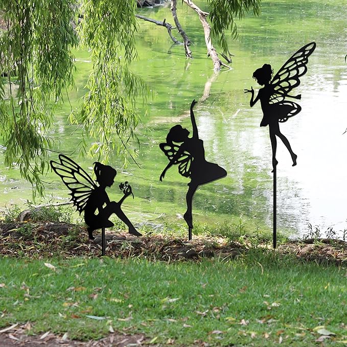 Garden Fairy Metal Stake 3-Piece Gift Set - Outdoor Decorative Accents for Yard, Flower Bed, Lawn, and Patio Gardens