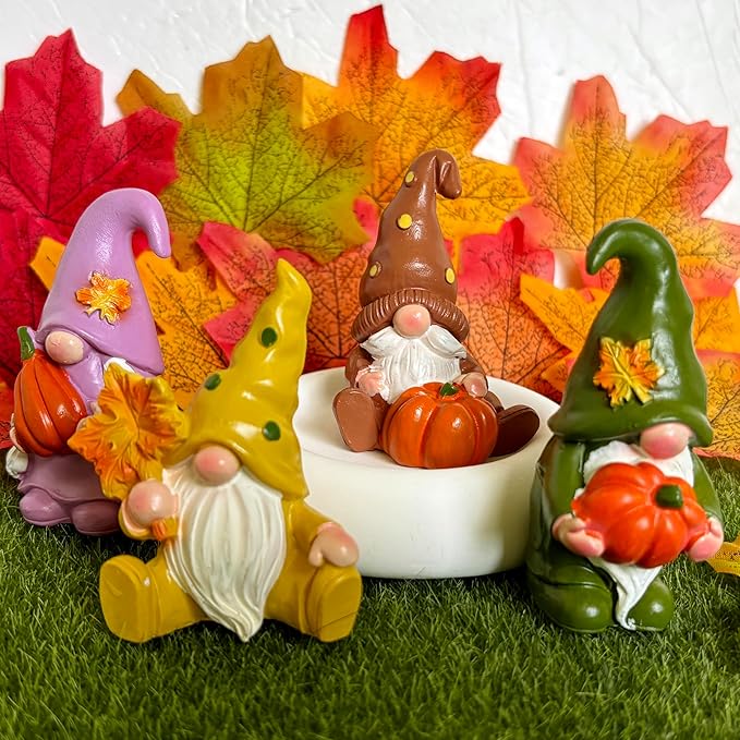 Set of 4 Guardian Gnome Figurines for Good Luck - Autumn Harvest with Pumpkins & Maple Leaf, Thanksgiving & Christmas Home Protection Decor, Farmhouse Centerpiece for Mantel