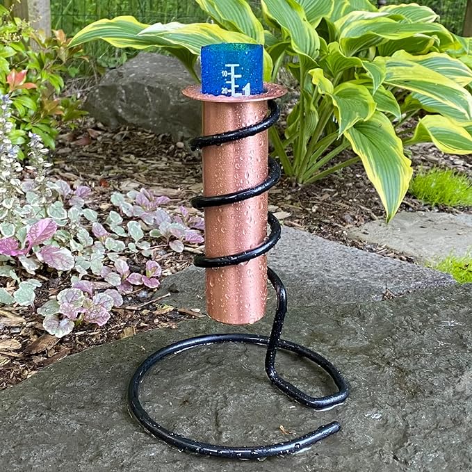 WCRG Copper Rain Gauge for Yard, Freestanding Steel Base - Outdoor Sprinkler Gauges, Shatterproof, Winter-Safe, Accurate, Decorative - The Original Floating Rain Gauge, USA Assembled & Designed