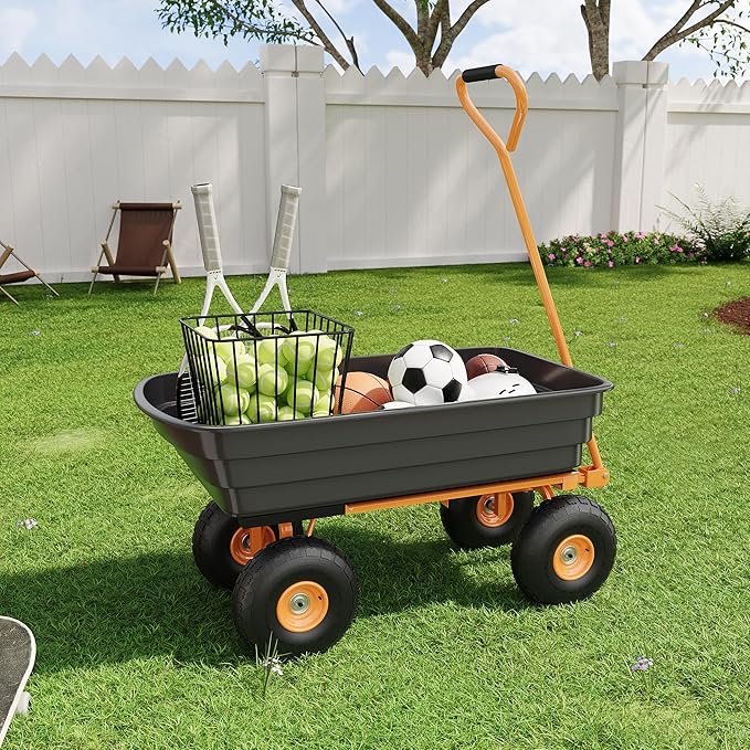 Garden Dump Cart, 4 Cu.Ft. 600Lbs Garden Cart, Heavy-Duty 4 Wheel Wheelbarrow Yard Cart with 10-Inch All-Terrain Wheels, Features A Quick-Release Tipping Function, for Courtyards, Farm, Gardening