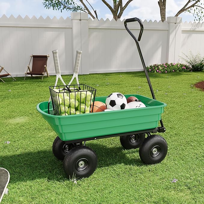 Garden Dump Cart, 4 Cu.Ft. 600Lbs Garden Cart, Heavy-Duty 4 Wheel Wheelbarrow Yard Cart with 10-Inch All-Terrain Wheels, Features A Quick-Release Tipping Function, for Courtyards, Farm, Gardening