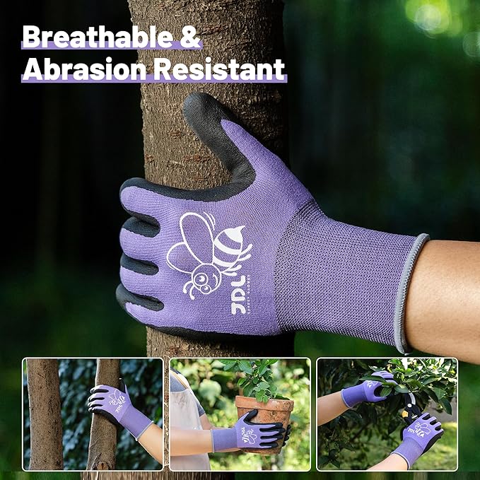 JDL 3 Pairs Nylon Nitrile Coated Gardening Gloves for Women, Touchscreen Yard Garden Gloves, Breathable Safety Work Gloves with Grip, Purple, Large