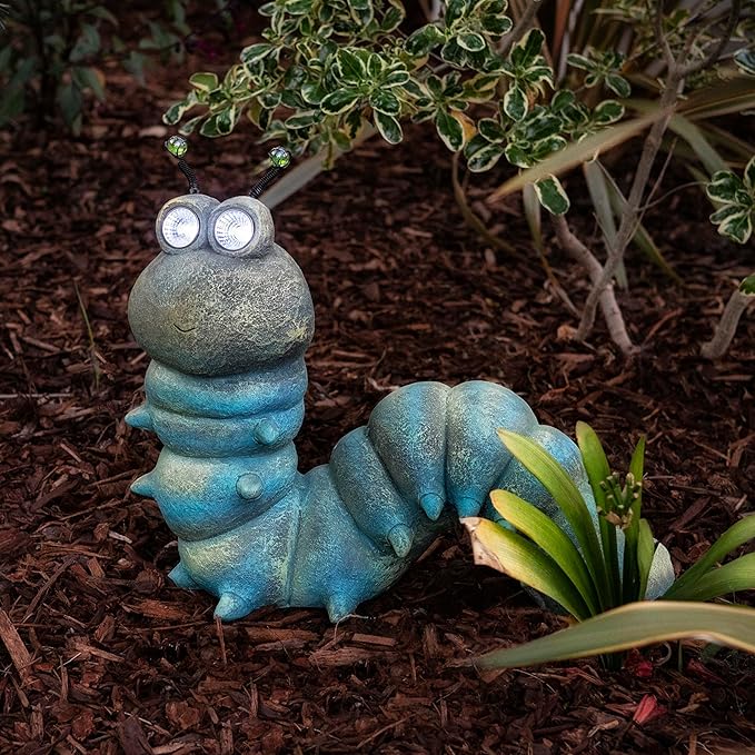 Alpine Corporation FCC121SLR Outdoor Solar Powered Garden Caterpillar Statue with LED Lights, 16" H, Green