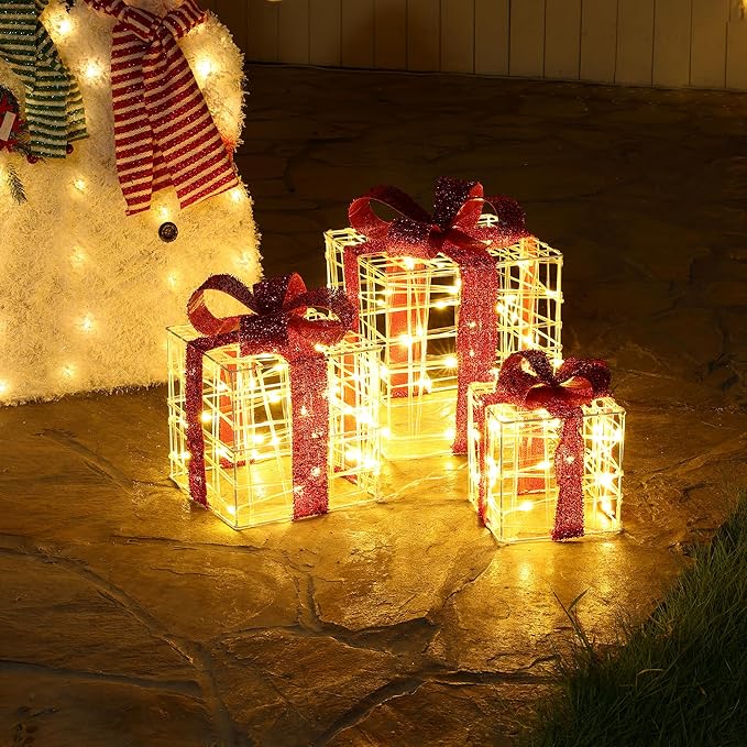 LuxenHome Set of 3 Lighted Gift Boxes, Plug-in Prelit Boxes with Red Ribbon Bows for Xmas Holiday Display, Lawn, Porch, Under Tree Indoor, Outdoor Christmas Decoration.