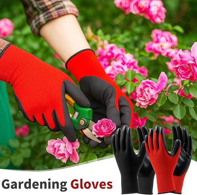 DF DUALFERV Gardening Gloves for Men, 24 Pairs Black & Red Breathable Rubber Coated Large Outdoor Yard Gloves with Extended Elastic Cuffs and Stretchy Fabric for Gardening, Construction, Machinery