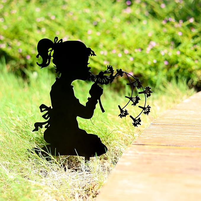 Dancing with Dandelions Garden Fairy - 9-Piece Metal Garden Statue Deals for Outdoor, Yard & Lawn - Whimsical Iron Fairy Sculptures Set (11.8 Inch) (Two Dandelion Girls)