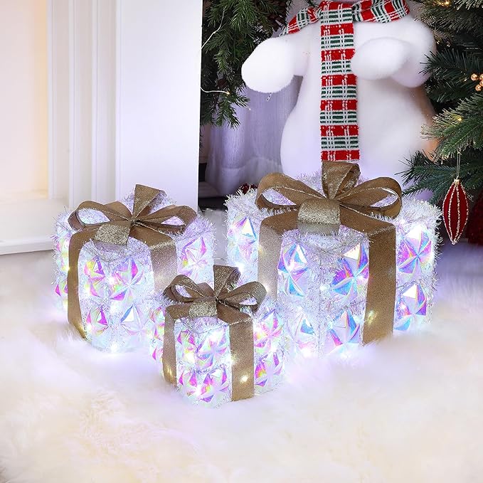 LuxenHome Set of 3 Lighted Gift Boxes, Plug-in Silver Prism with Gold Ribbon Bow Boxes with 70 LED Lights for Entryway, Lawn, Porch, Under Tree Indoor, Outdoor Christmas Decoration