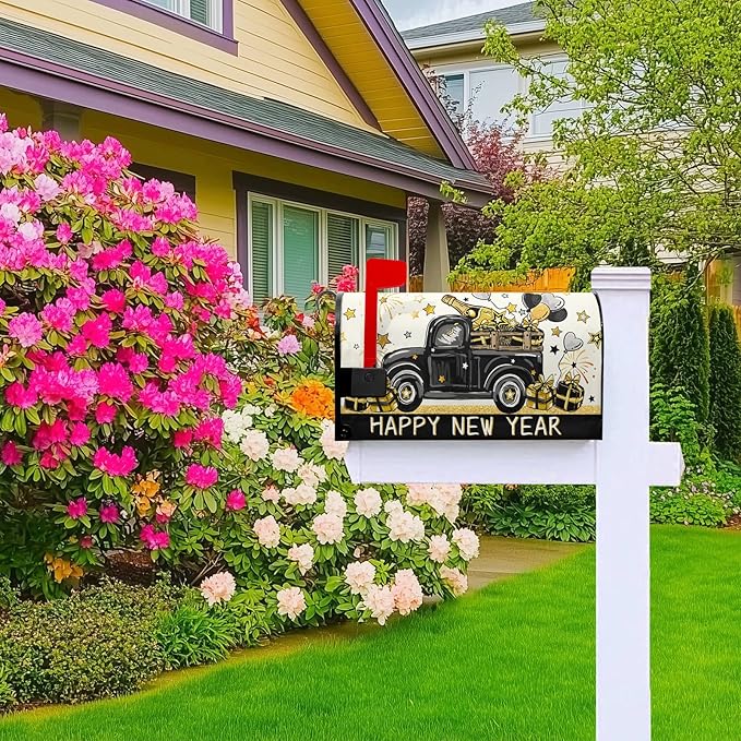 Happy New Year Mailbox Cover Magnetic Standard Size 21x18 Black Truck Mailbox Covers for Winter Holiday Garden Yard Outdoor Decoration