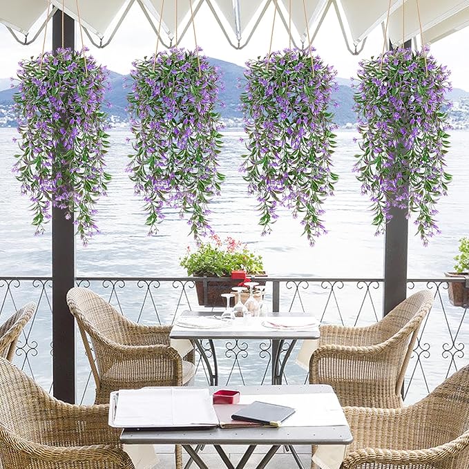 TOCHGREEN 4Pcs Artificial Hanging Plants Fern Vine, Faux Plastic Plants Fake Ivy Vine Greenery Garland with Purple Flower, Outdoor Indoor Decorations for Living Room Balcony Garden Wall Home Decor