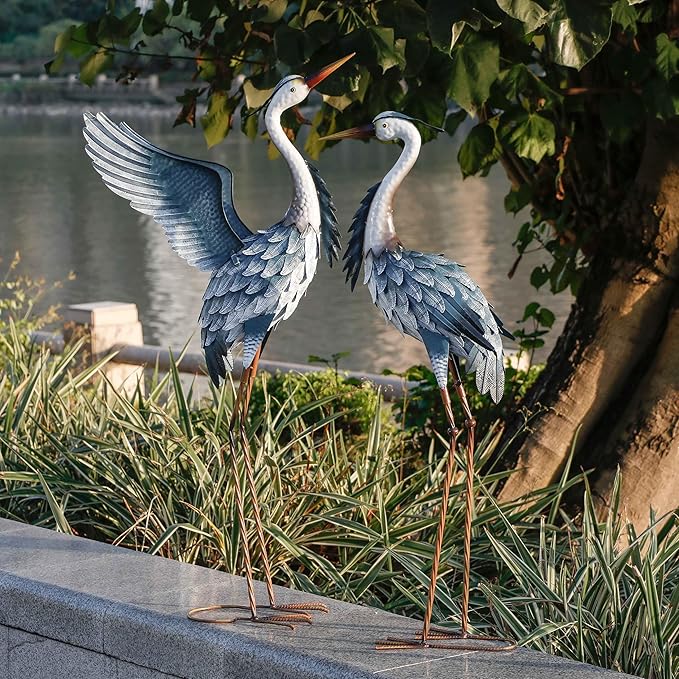 TERESA'S COLLECTIONS Garden Decor Blue Heron Metal Yard Art,38-42" Large Metal Cranes Sculptures & Statues Heron Decoy for Outdoor Indoor Decorations,Outside Patio,Pool, Lawn,Set of 2,Gift for Mom