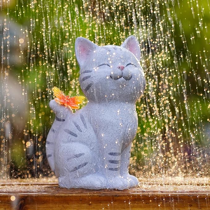 Solar Garden Cat Statue with LED Butterfly Light, Decorative Resin Outdoor Figurine 7.7in, Yard Lawn Ornaments Porch Patio Balcony Home House - Birthday Gifts for Grandma Mom Women
