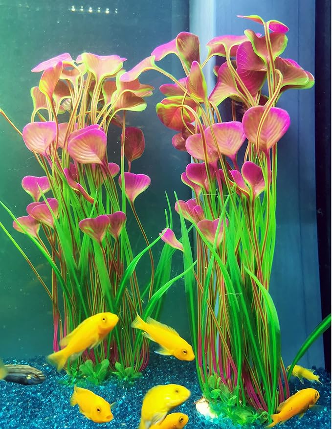ALEGI Fish Tank Decorations Plastic Plants Large,Aquarium Artificial Plants Decoration Ornament Safe for All Fish-16 inch 2Pcs (Red 2 Pcs)