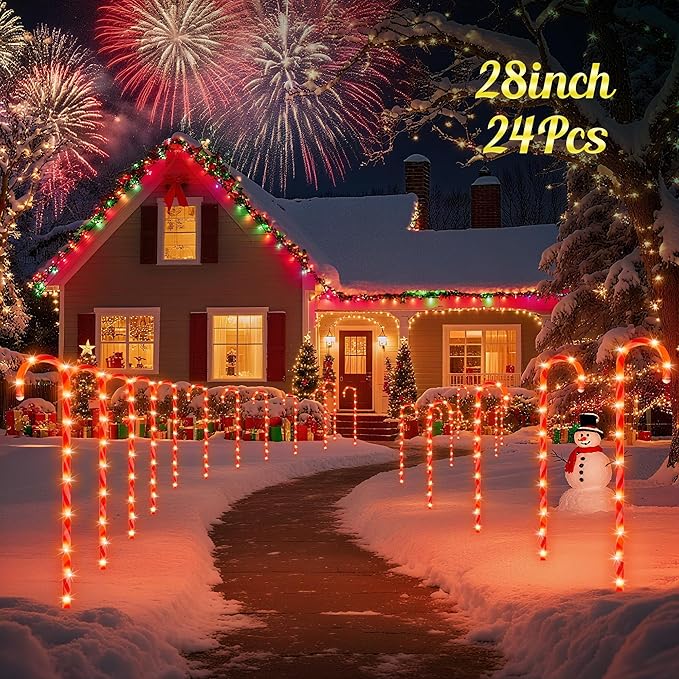 COOWUFAN 28" Christmas Candy Cane Pathway Markers Lights, Set of 24 Pack Christmas Outdoor Decorations, Waterproof Candy Cane Decor for Indoor Outside Yard Garden Patio Lawn