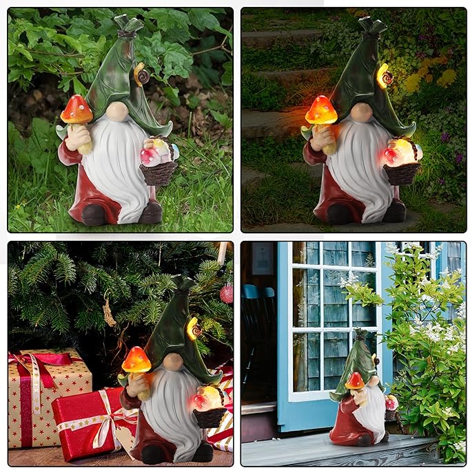 Gnome Solar Garden Statue with 3 LED Lights, Mushroom-Picking Gnome Statue Outdoor Decor for Patio, Yard, Balcony, Lawn Ornament, Unique for Mom