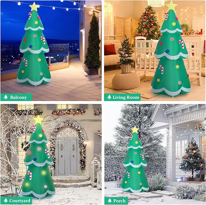 7 FT Christmas Tree Inflatable with LED Lights, Quick Setup, Sturdy Outdoor Holiday Decoration, Includes Sandbags, Stakes, Ropes, Perfect for Yard, Lawn, Garden