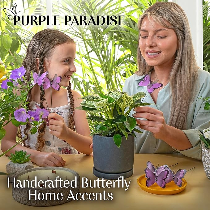 Handmade Purple Butterfly Garden Stakes Set of 7 - Decorative Outdoor & Indoor Plant Decor - Nature Lover Gift Idea by Air Aquarium Kushner