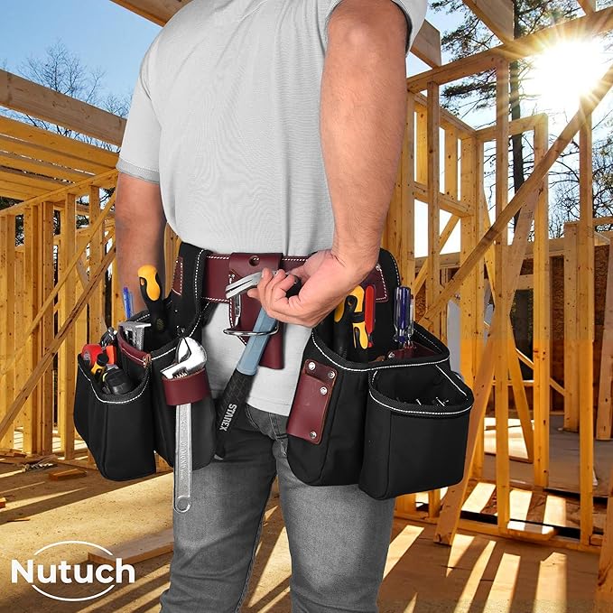Nylon and Leather Tool Belt | Nylon Tool Pouch | Carpenter | Construction | Framers | Electrician Tool Belts | Drywall Tool Bags (BLACK)