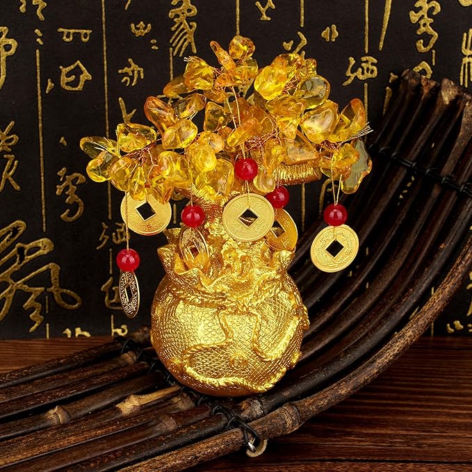 Green Aventurine Money Tree – Feng Shui Wealth Prosperity Golden Bag Bonsai Lucky Gemstone Home Office Decor (14cm Height)